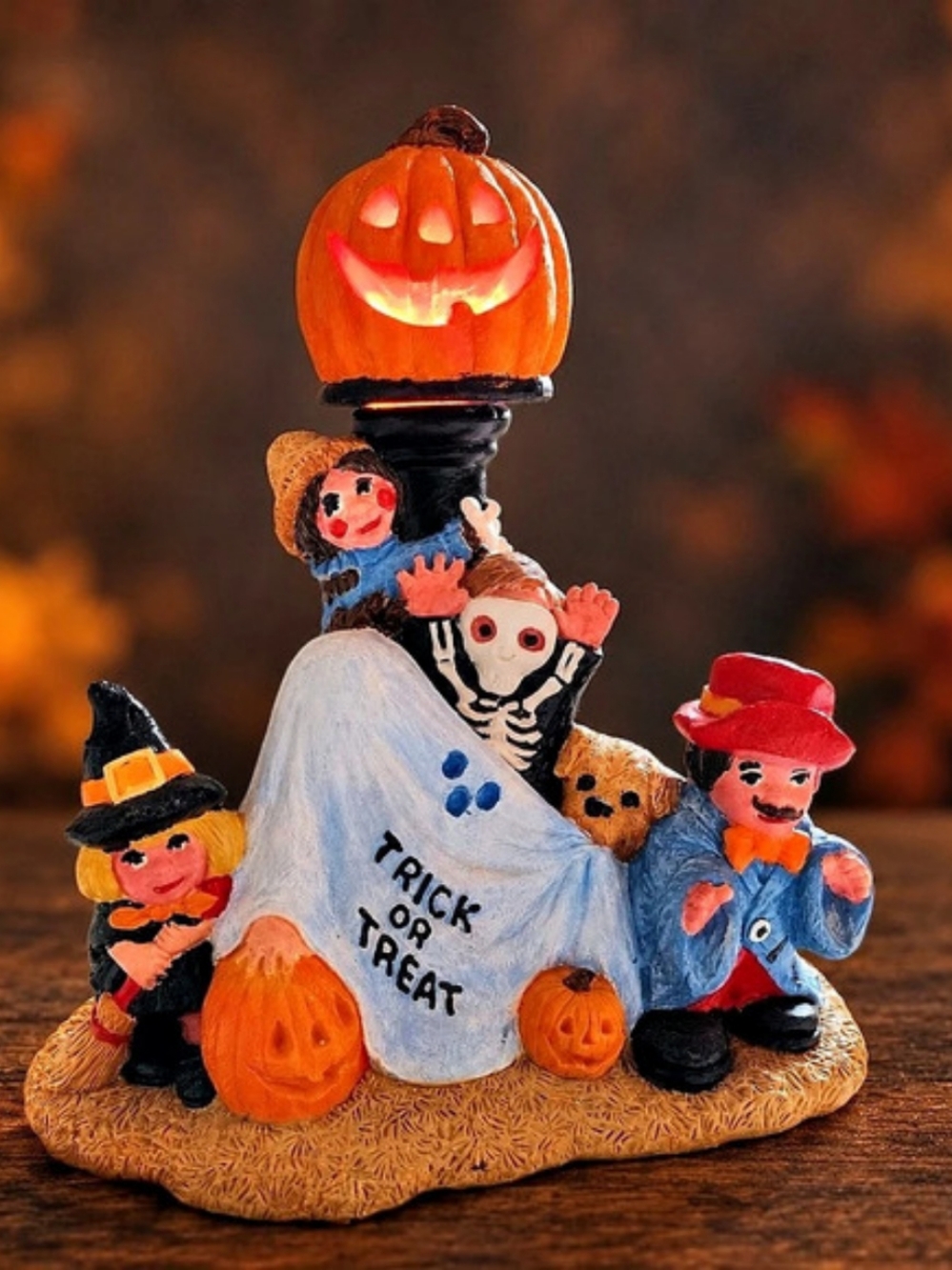 Vintage Accents Unlimited 1991 Halloween Lighted Pumpkin Trick or Treat 11" Lamp